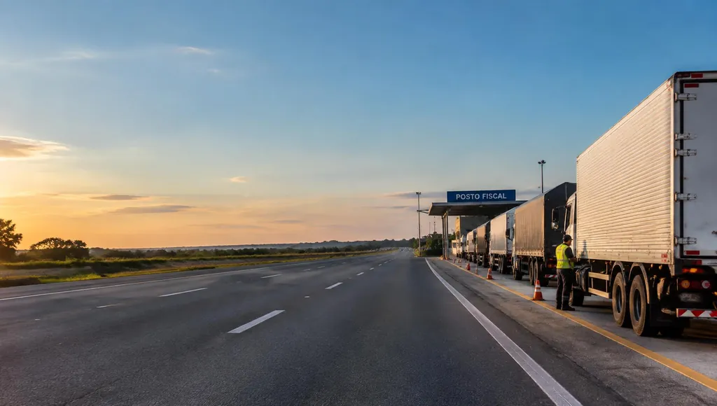 Fila de caminhões parados em posto fiscal rodoviário